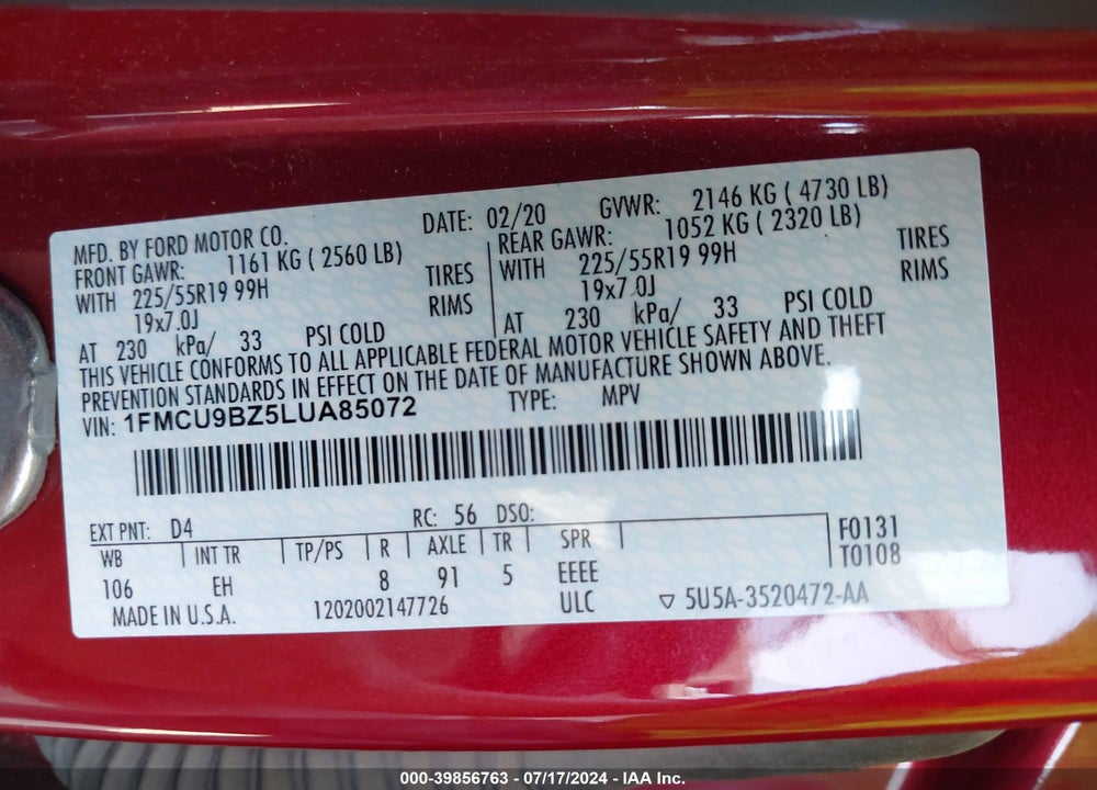 2020 FORD ESCAPE SE SPORT HYBRID VIN: 1FMCU9BZ5LUA85072