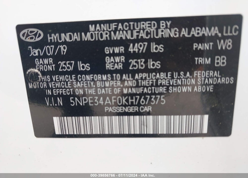 2019 HYUNDAI SONATA SEL VIN: 5NPE34AF0KH767375