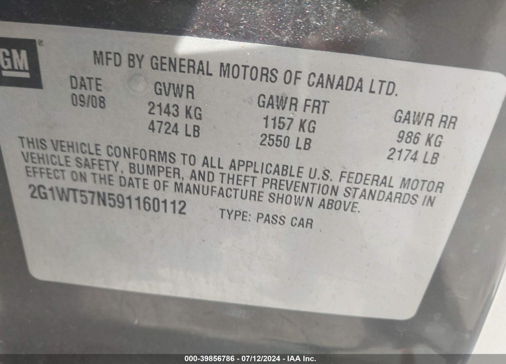 2009 CHEVROLET IMPALA LT VIN: 2G1WT57N591160112