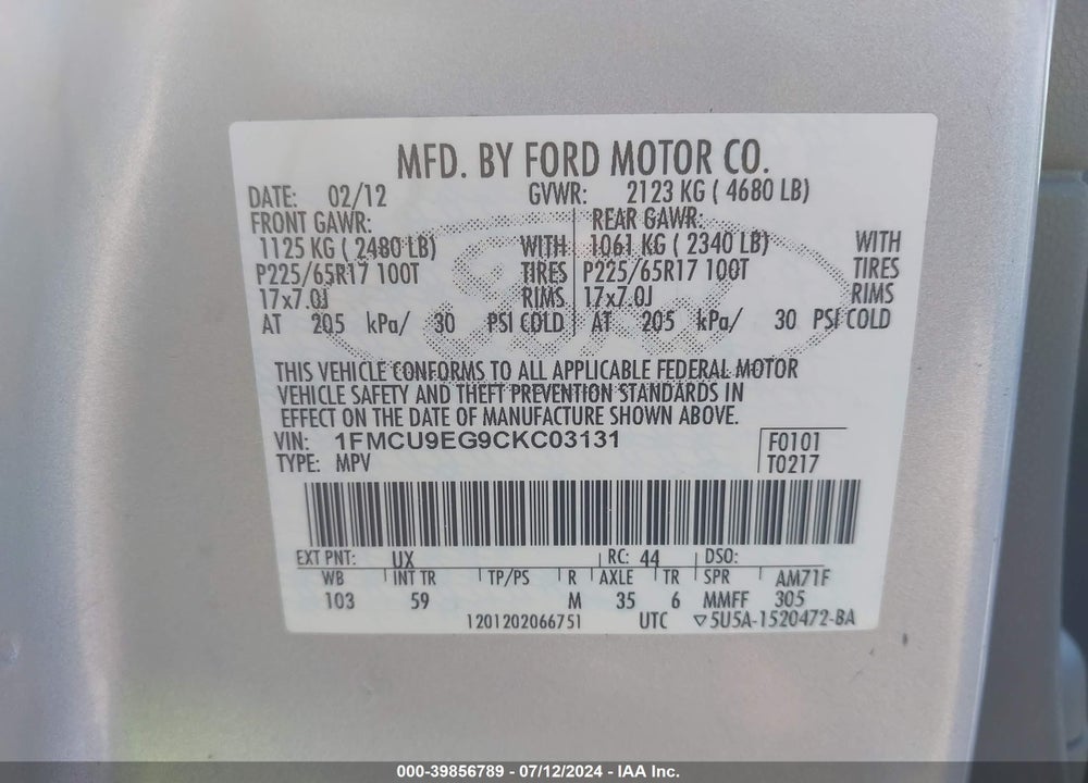 2012 FORD ESCAPE LIMITED VIN: 1FMCU9EG9CKC03131