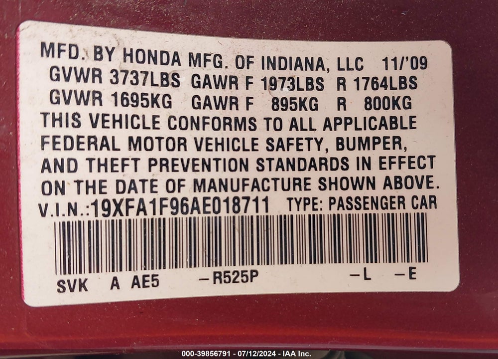 2010 HONDA CIVIC EX-L VIN: 19XFA1F96AE018711