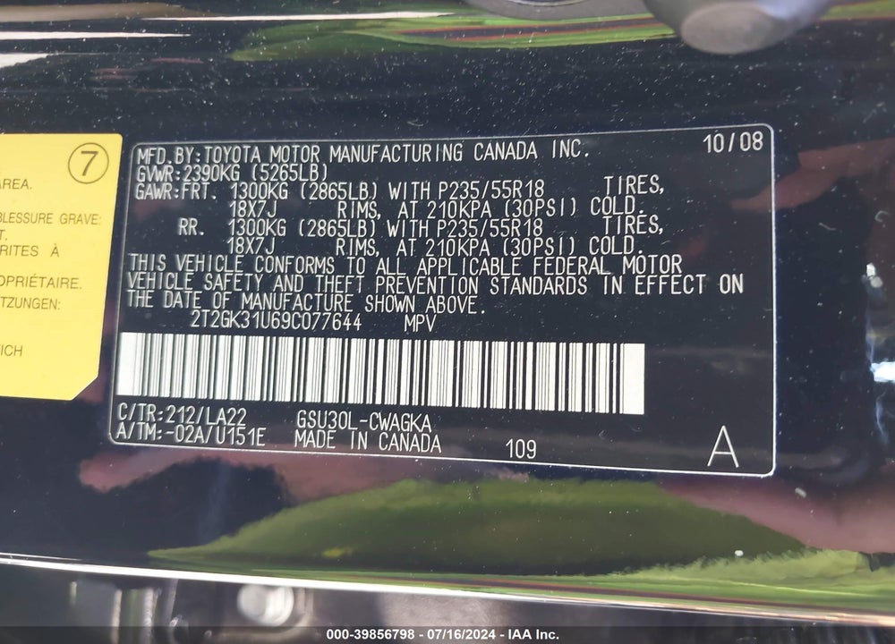 2009 LEXUS RX 350 VIN: 2T2GK31U69C077644