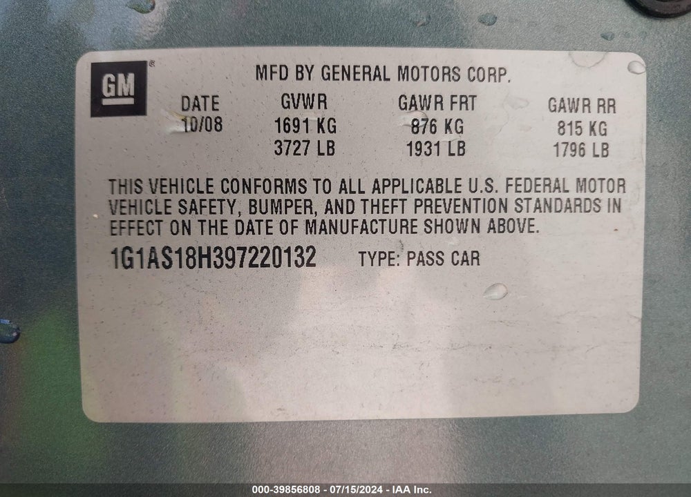 2009 CHEVROLET COBALT LS VIN: 1G1AS18H397220132
