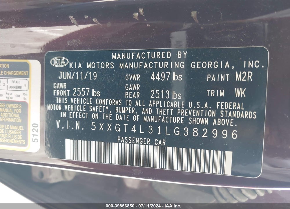 2020 KIA OPTIMA LX VIN: 5XXGT4L31LG382996
