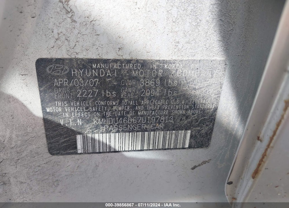 2007 HYUNDAI ELANTRA GLS/LIMITED/SE VIN: KMHDU46D67U197813