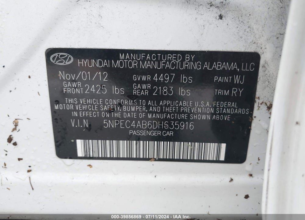2013 HYUNDAI SONATA LIMITED 2.0T VIN: 5NPEC4AB6DH635916