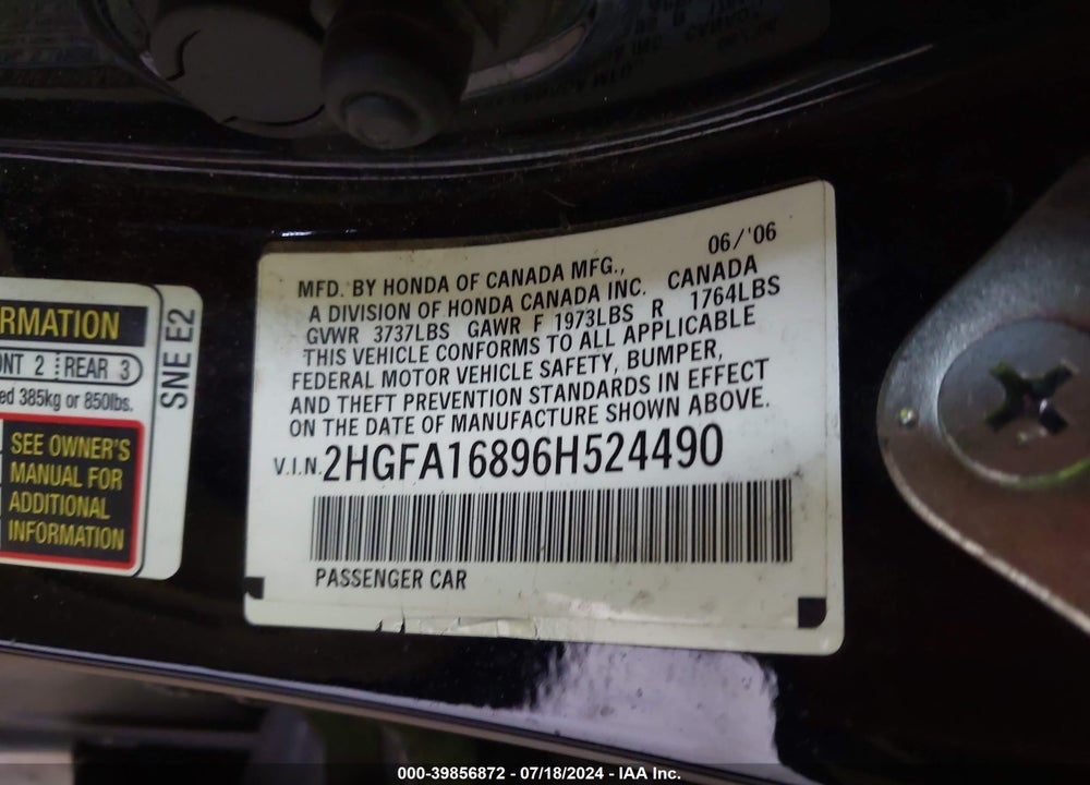 2006 HONDA CIVIC EX VIN: 2HGFA16896H524490