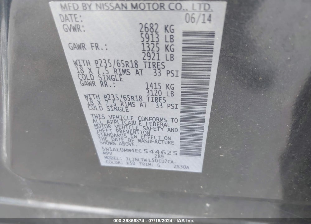 2014 INFINITI QX60 VIN: 5N1AL0MM4EC544625