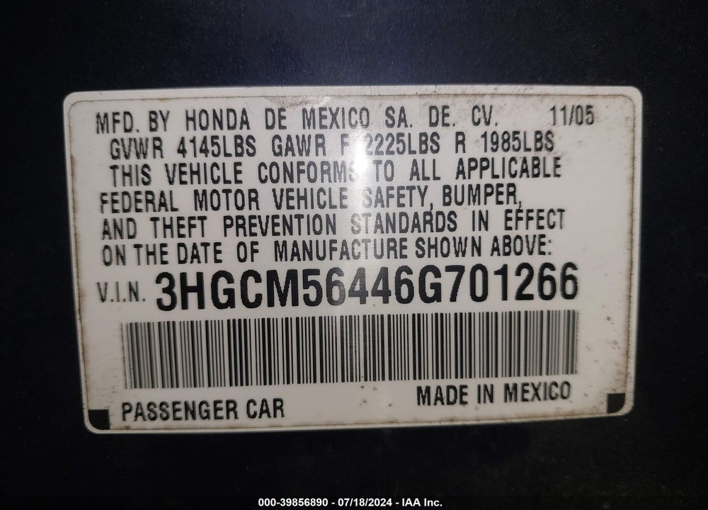 2006 HONDA ACCORD 2.4 LX VIN: 3HGCM56446G701266