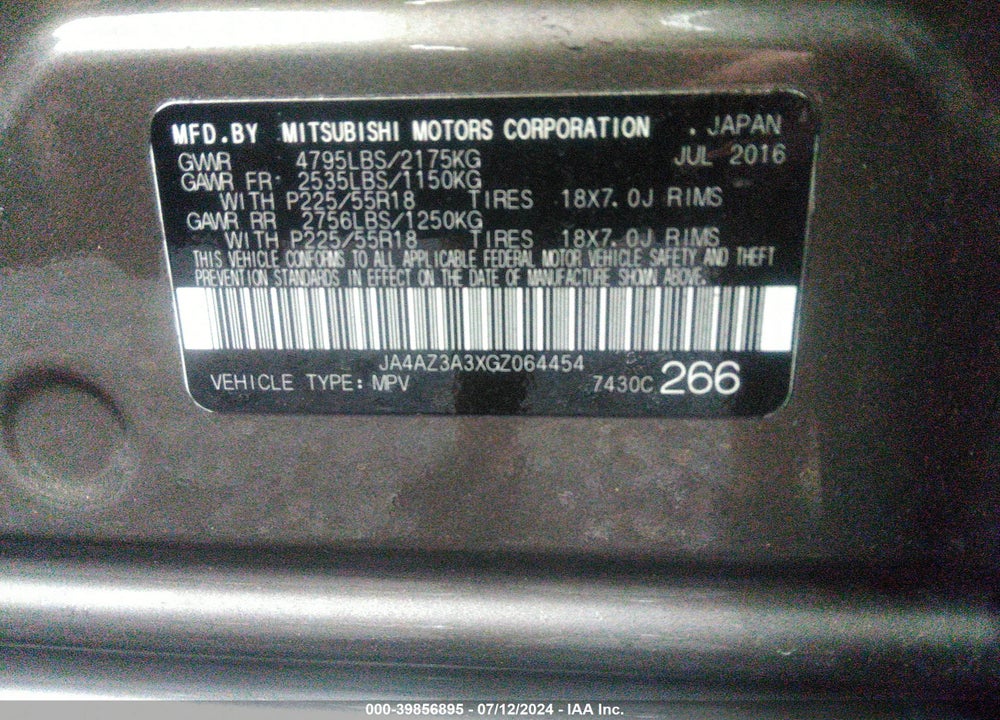 2016 MITSUBISHI OUTLANDER SE VIN: JA4AZ3A3XGZ064454