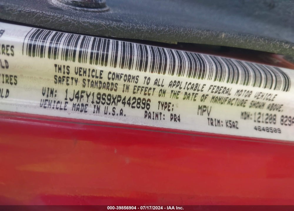 1999 JEEP WRANGLER SPORT VIN: 1J4FY19S9XP442896