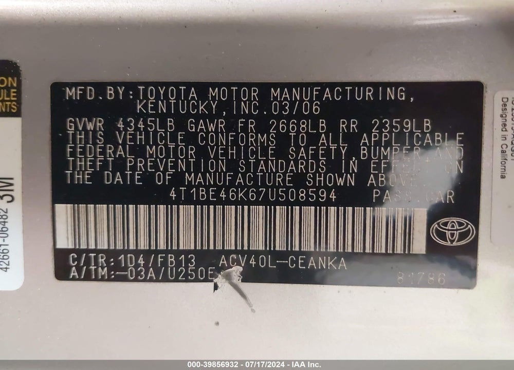 2007 TOYOTA CAMRY LE VIN: 4T1BE46K67U508594