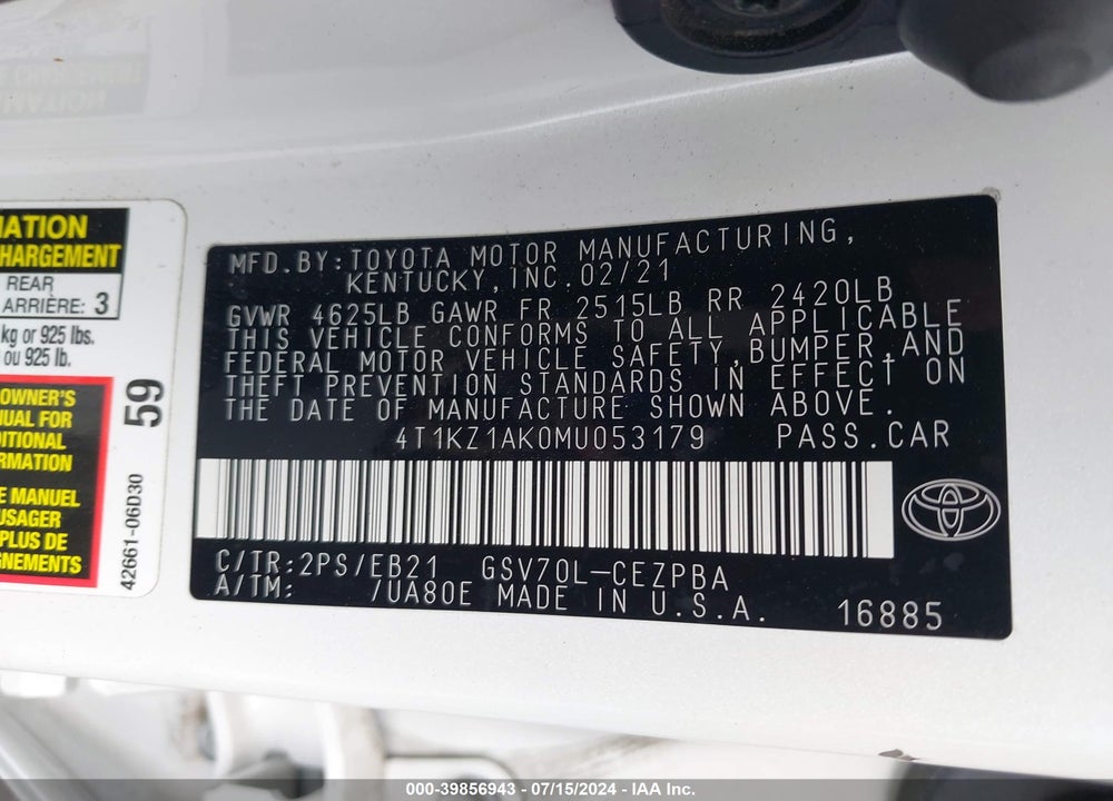 2021 TOYOTA CAMRY TRD VIN: 4T1KZ1AK0MU053179