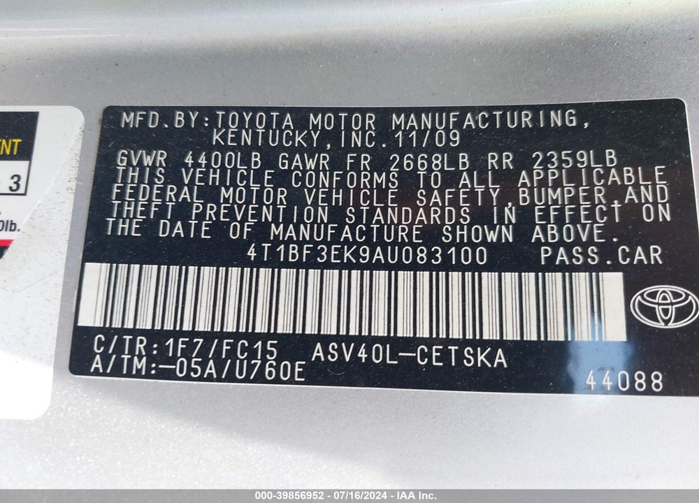 2010 TOYOTA CAMRY SE VIN: 4T1BF3EK9AU083100