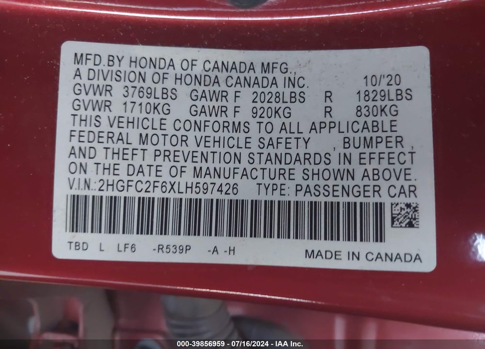 2020 HONDA CIVIC LX VIN: 2HGFC2F6XLH597426