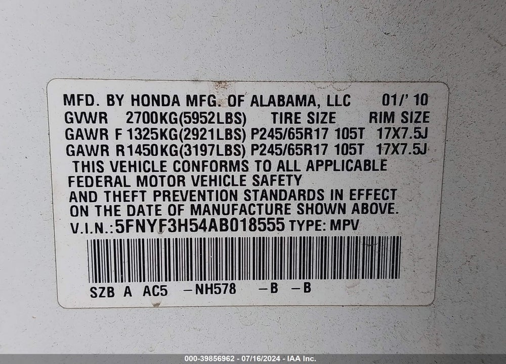 2010 HONDA PILOT EX-L VIN: 5FNYF3H54AB018555