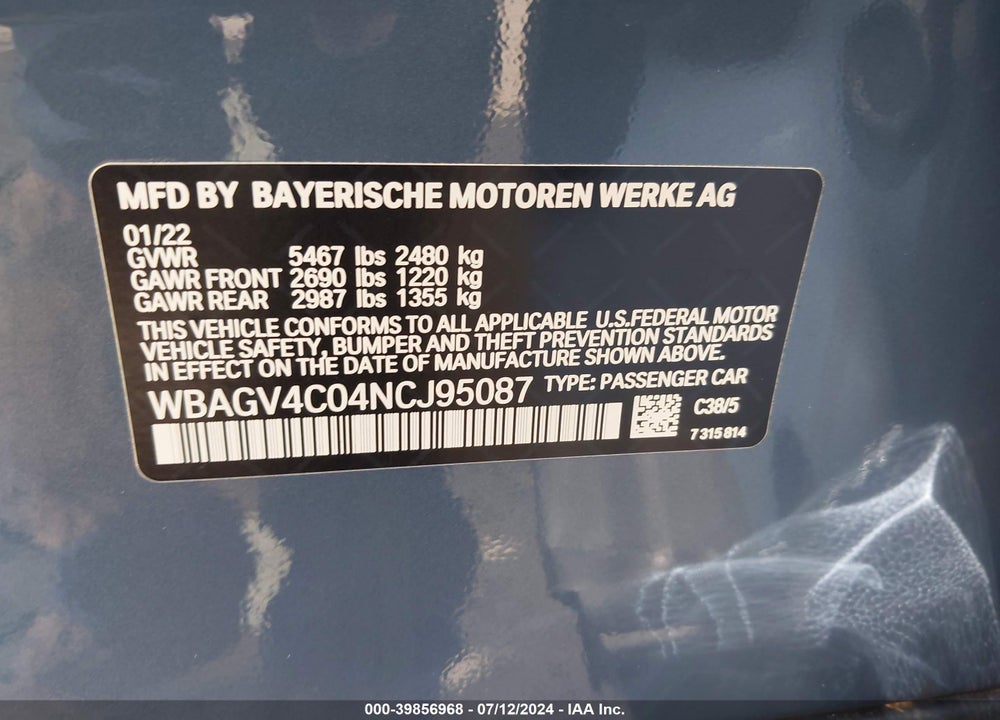 2022 BMW 840 GRAN COUPE I XDRIVE VIN: WBAGV4C04NCJ95087