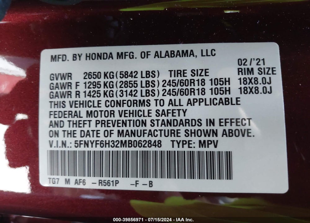 2021 HONDA PILOT AWD EX VIN: 5FNYF6H32MB062848