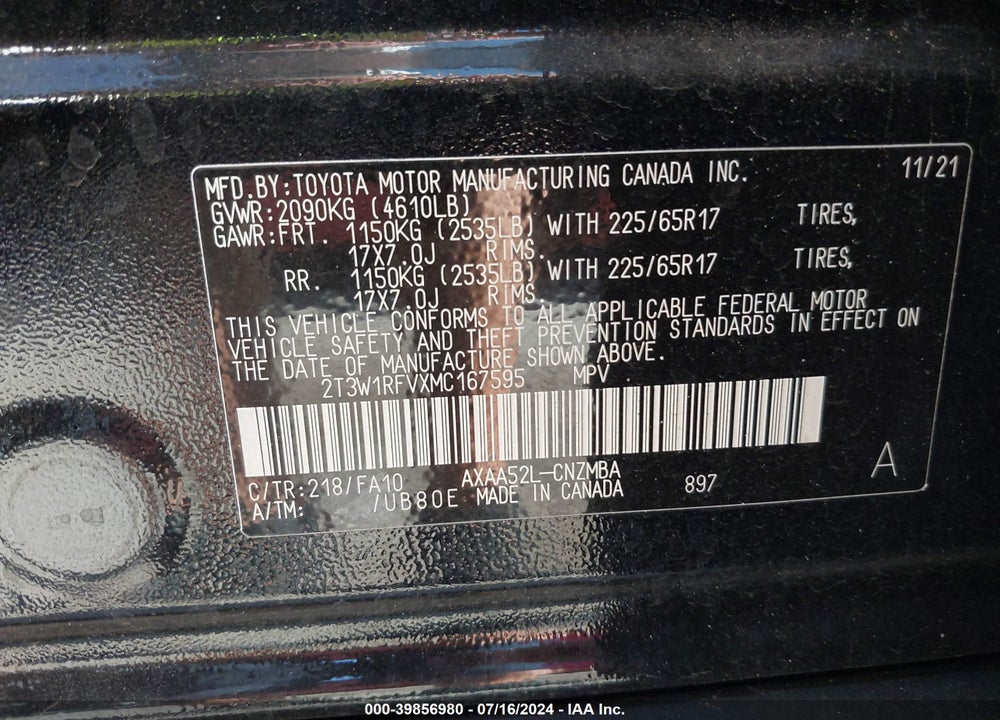 2021 TOYOTA RAV4 XLE VIN: 2T3W1RFVXMC167595