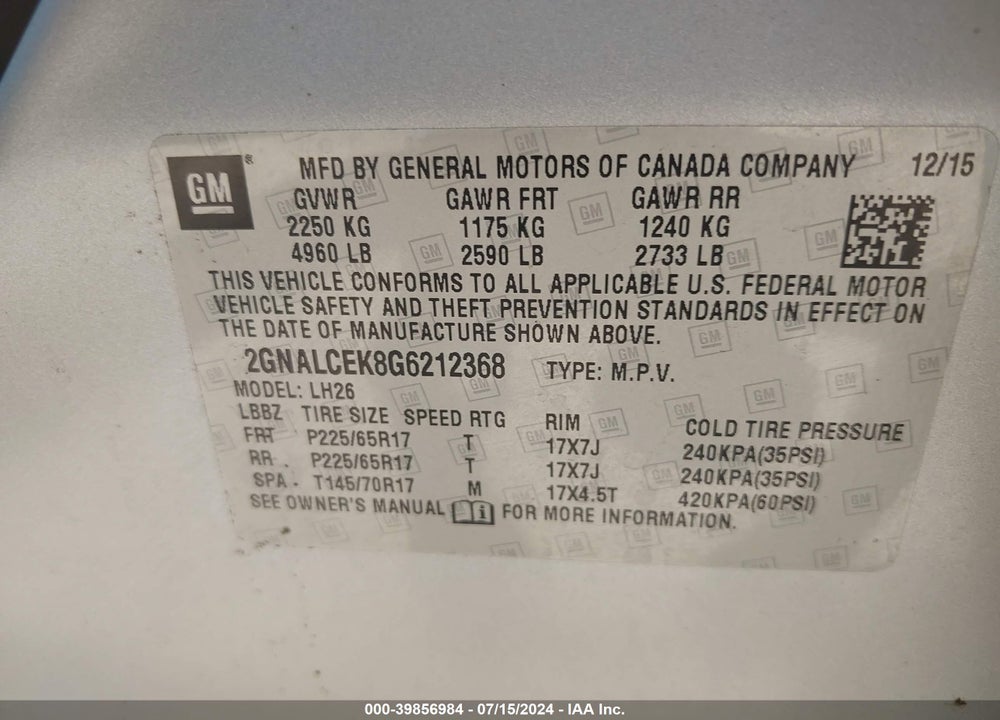 2016 CHEVROLET EQUINOX LT VIN: 2GNALCEK8G6212368