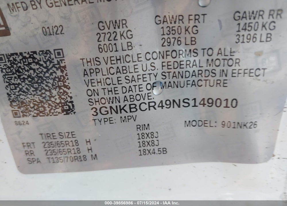 2022 CHEVROLET BLAZER FWD 2LT VIN: 3GNKBCR49NS149010