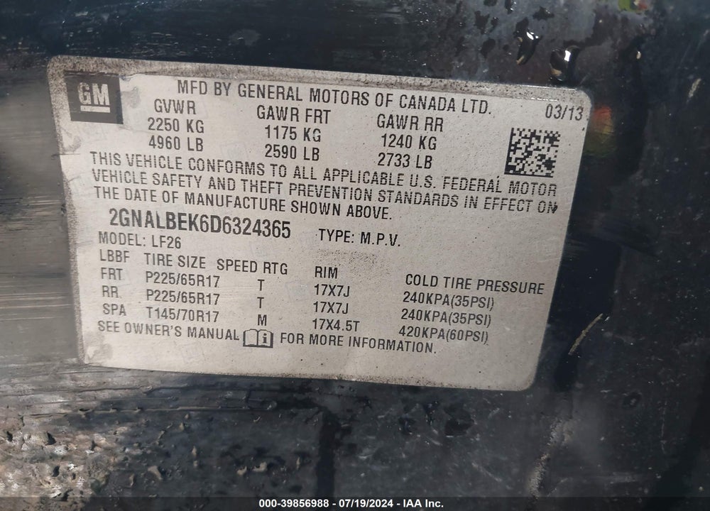 2013 CHEVROLET EQUINOX LS VIN: 2GNALBEK6D6324365