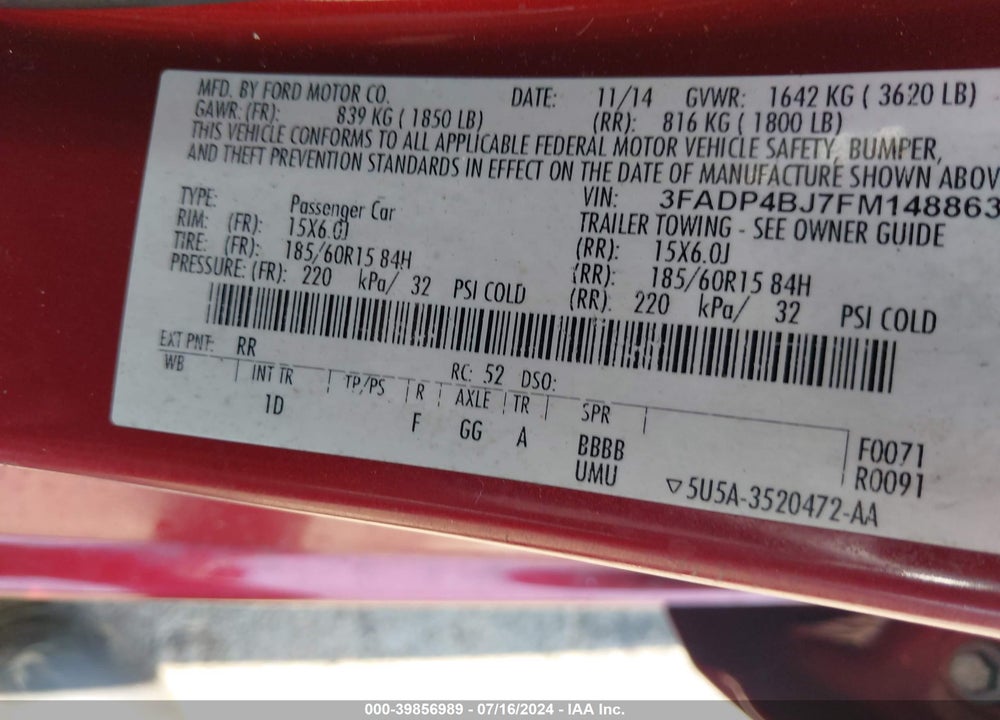 2015 FORD FIESTA SE VIN: 3FADP4BJ7FM148863