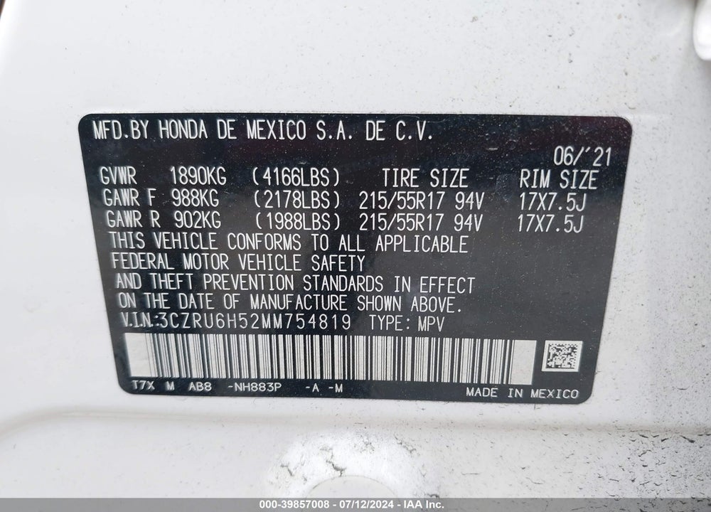 2021 HONDA HR-V AWD EX VIN: 3CZRU6H52MM754819