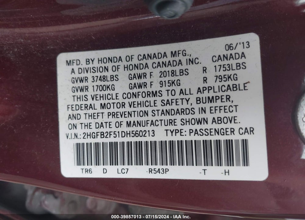 2013 HONDA CIVIC LX VIN: 2HGFB2F51DH560213