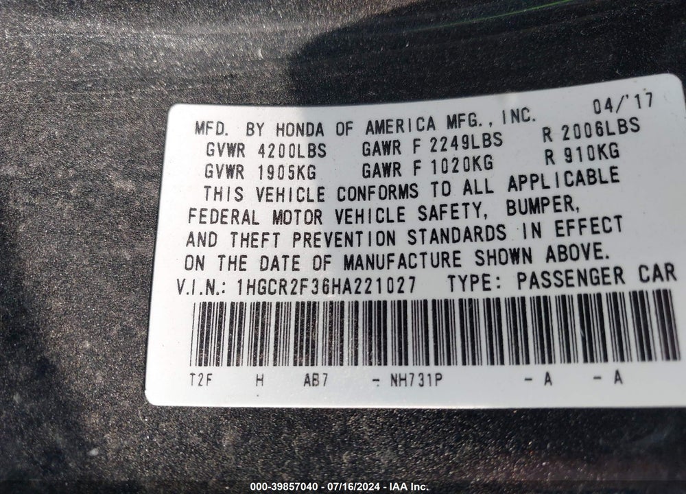 2017 HONDA ACCORD VIN: 1HGCR2F36HA221027