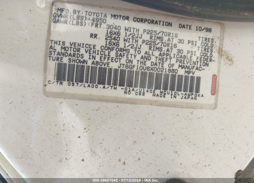 1999 LEXUS RX 300 VIN: JT6GF10U6X0021880