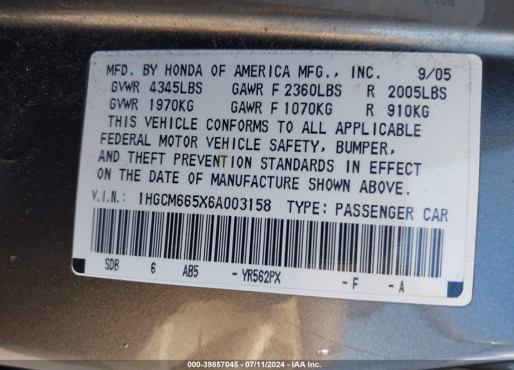 2006 HONDA ACCORD 3.0 EX VIN: 1HGCM665X6A003158