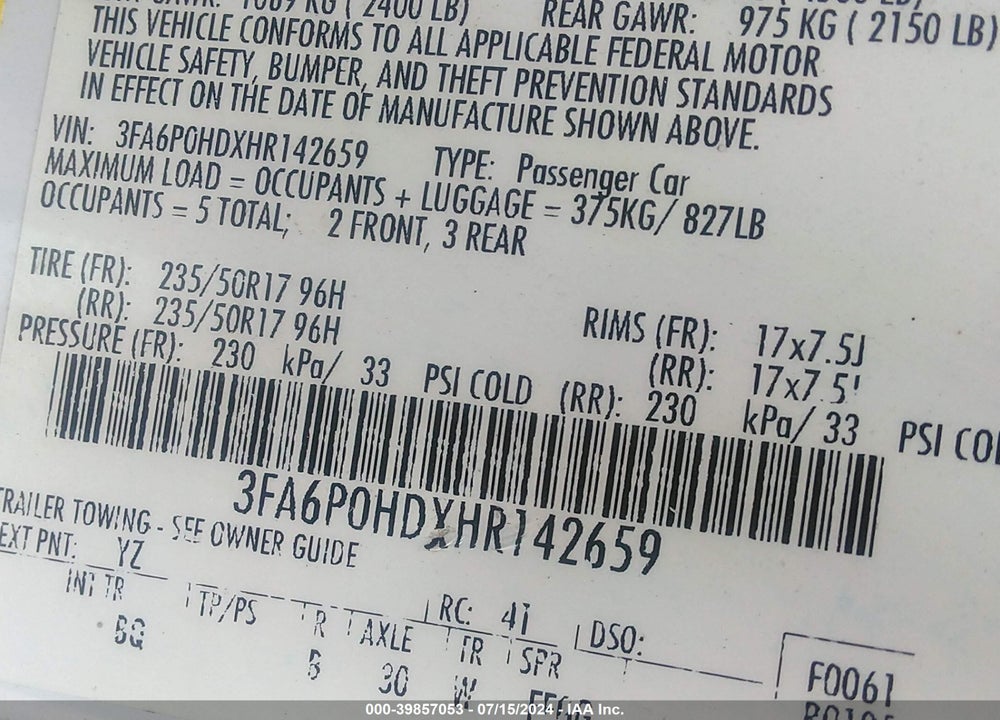 2017 FORD FUSION SE VIN: 3FA6P0HDXHR142659
