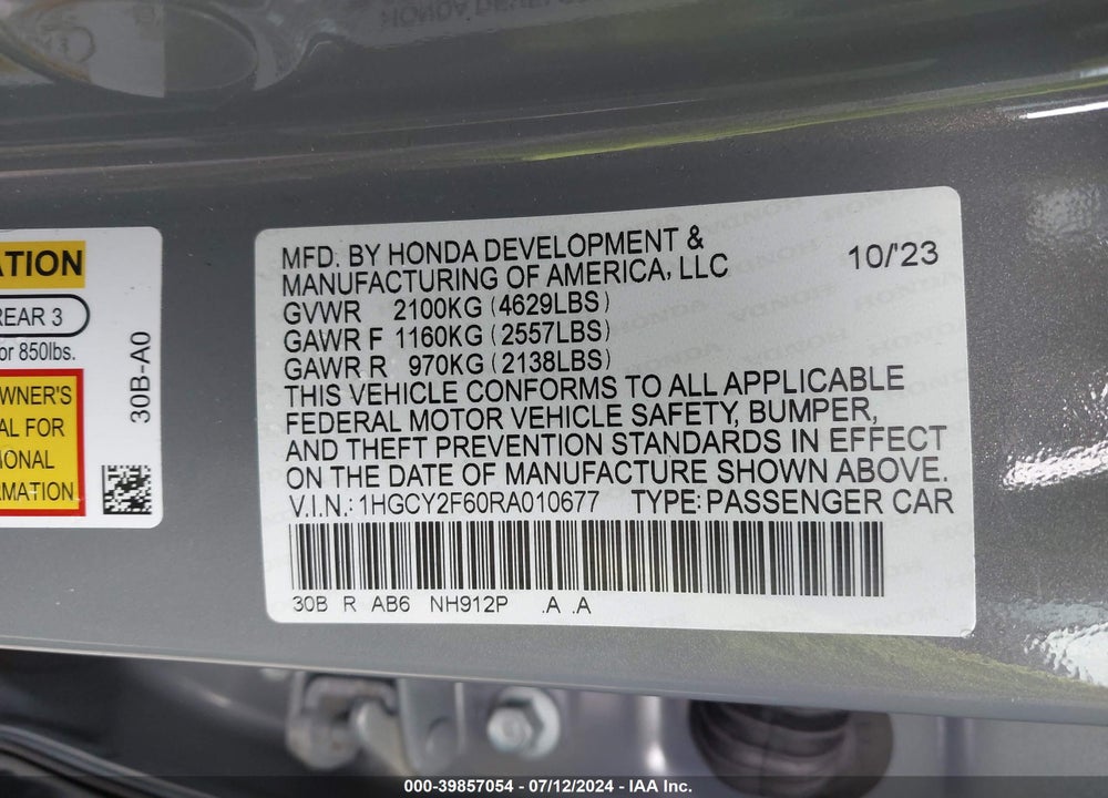 2024 HONDA ACCORD HYBRID EX-L VIN: 1HGCY2F60RA010677