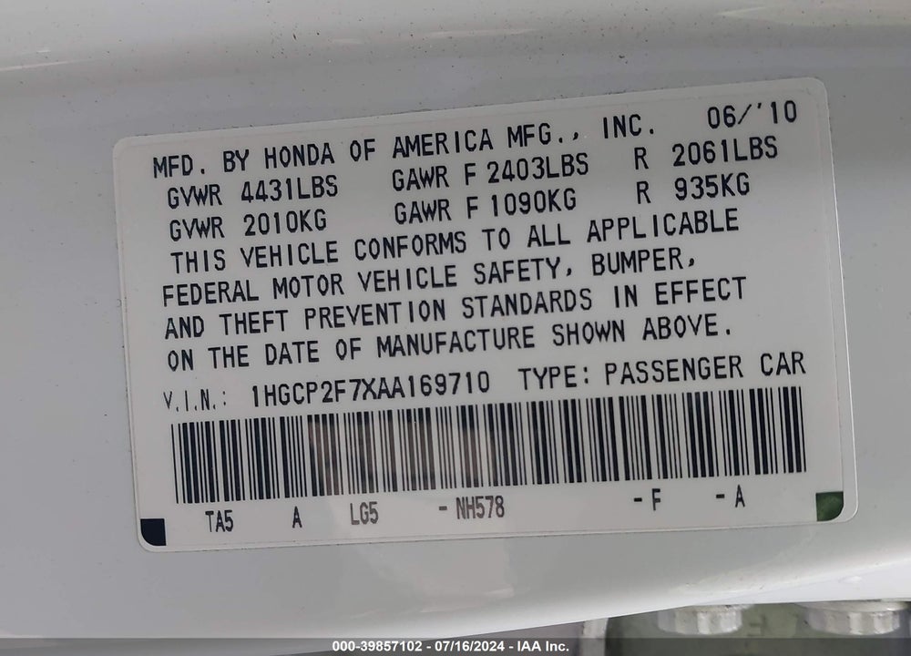 2010 HONDA ACCORD 2.4 EX VIN: 1HGCP2F7XAA169710