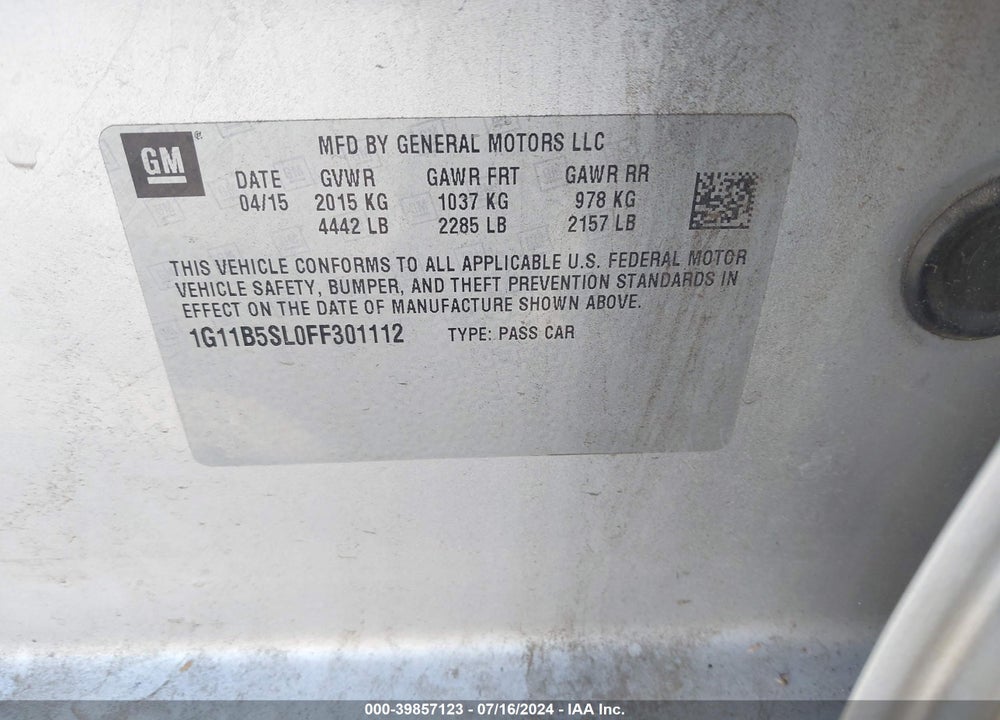 2015 CHEVROLET MALIBU VIN: 1G11B5SL0FF301112
