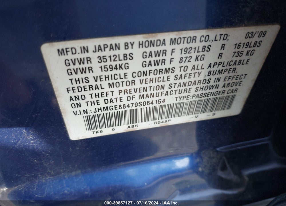 2009 HONDA FIT SPORT VIN: JHMGE88479S064154