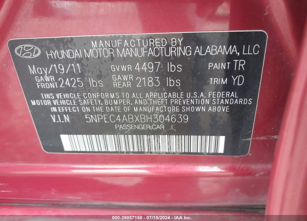 2011 HYUNDAI SONATA LIMITED 2.0T VIN: 5NPEC4ABXBH304639