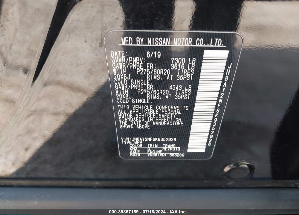 2019 NISSAN ARMADA VIN: JN8AY2NF6K9352928