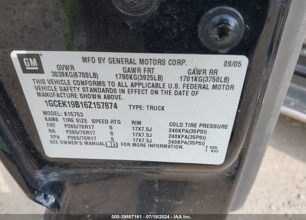 2006 CHEVROLET SILVERADO 1500 LT3 VIN: 1GCEK19B16Z157874