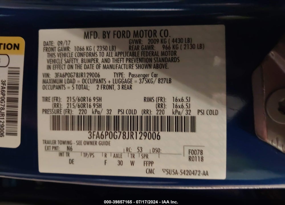 2018 FORD FUSION S VIN: 3FA6P0G78JR129006