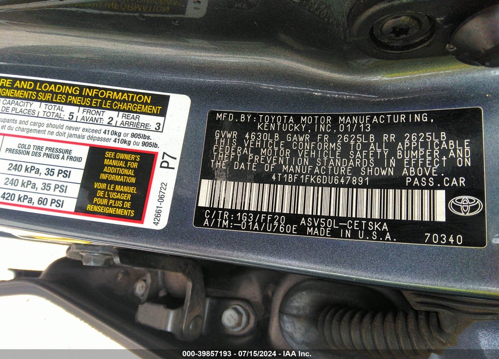 2013 TOYOTA CAMRY SE VIN: 4T1BF1FK6DU647891