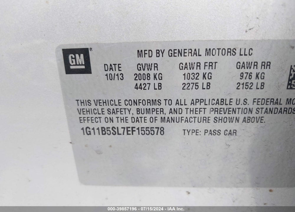 2014 CHEVROLET MALIBU 1LS VIN: 1G11B5SL7EF155578