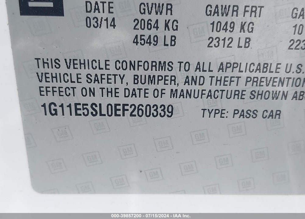 2014 CHEVROLET MALIBU 2LT VIN: 1G11E5SL0EF260339