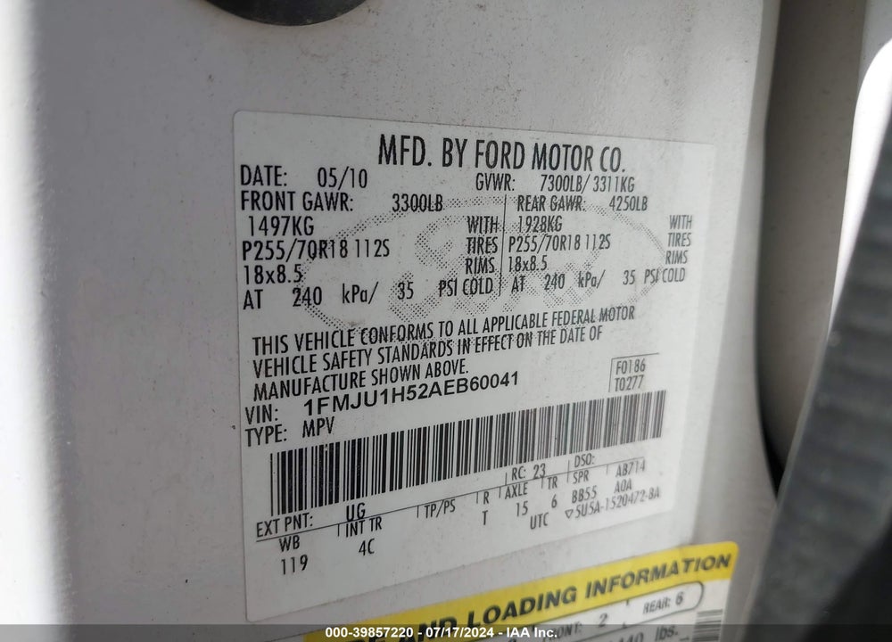 2010 FORD EXPEDITION EDDIE BAUER/KING RANCH VIN: 1FMJU1H52AEB60041