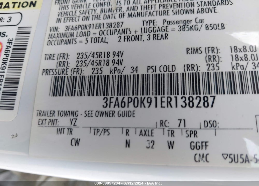 2014 FORD FUSION TITANIUM VIN: 3FA6P0K91ER138287