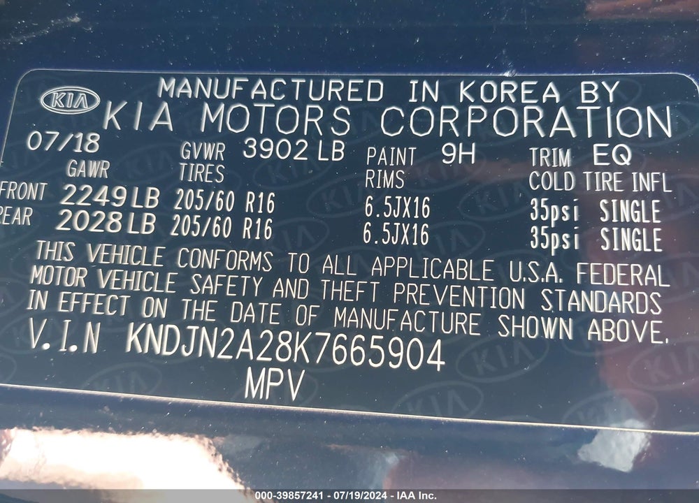 2019 KIA SOUL VIN: KNDJN2A28K7665904