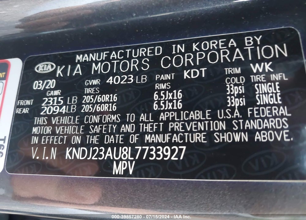 2020 KIA SOUL !/+/S VIN: KNDJ23AU8L7733927