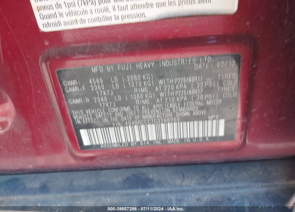 2012 SUBARU OUTBACK 2.5I PREMIUM VIN: 4S4BRCCC7C3266202