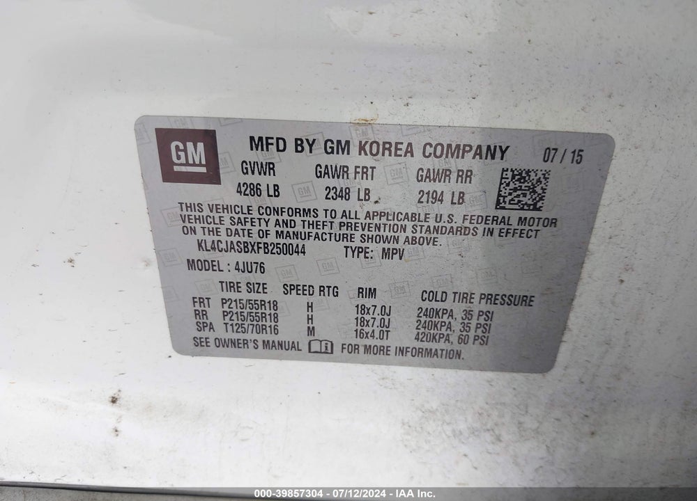 2015 BUICK ENCORE VIN: KL4CJASBXFB250044